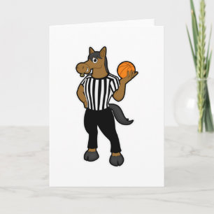 Paard als scheidsrechter met basketbal en fluitje kaart