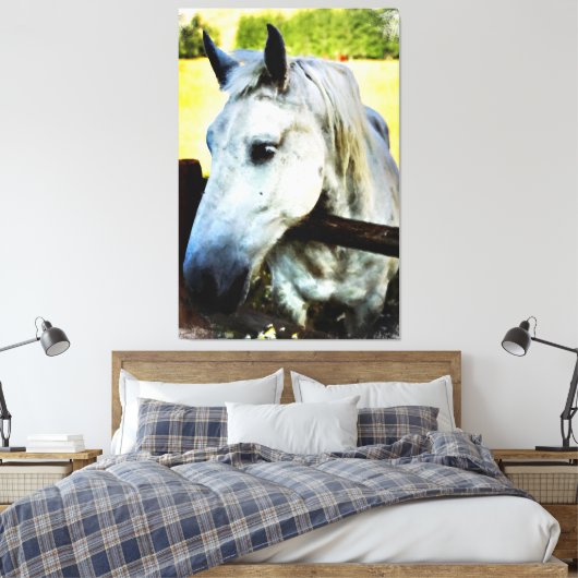 *~* Paard AR22 Wit Paard over Omheining Canvas Afdruk (Insitu (Slaapkamer))