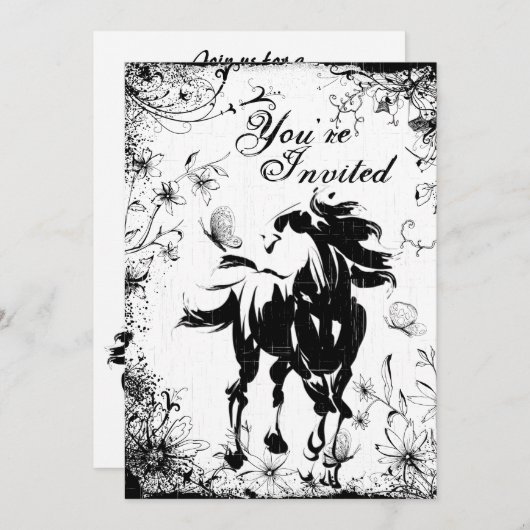 Paard, bloemen en vlinders verjaardagsuitnodiging kaart (Voorkant / Achterkant)