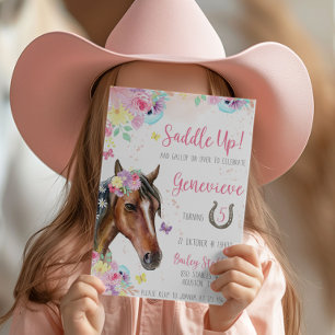 Paard Bloemen Verjaardag uitnodiging voor Meisje