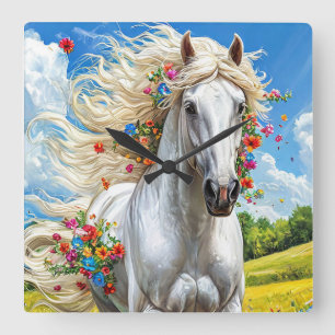 Paard en bloemen Romantische Natuur Huisdecoratie Vierkante Klok