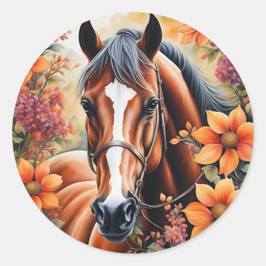 Paard en bloemen ronde sticker (Voorkant)