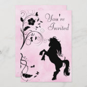 Paard en bloemen roze verjaardag uitnodiging (Voorkant / Achterkant)