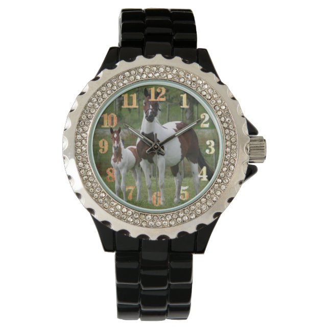 Paard en Colt : Vrouwen Strass Zwart Emaille W Horloge (Voorkant)