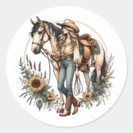 Paard en meisje Sticker met zonnebloemen