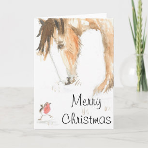 Paard en roodborstje op kerstochtend feestdagen kaart