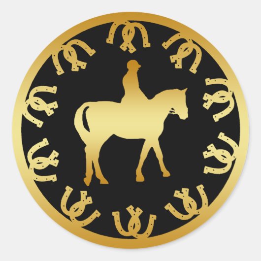 PAARD EN RUITER - GOUD RONDE STICKER (Voorkant)