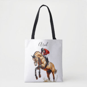 Paard en ruiter springen in paardensport actie draagtas