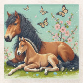Paard en veulen rusten in een lente setting glazen onderzetter (Voorkant)
