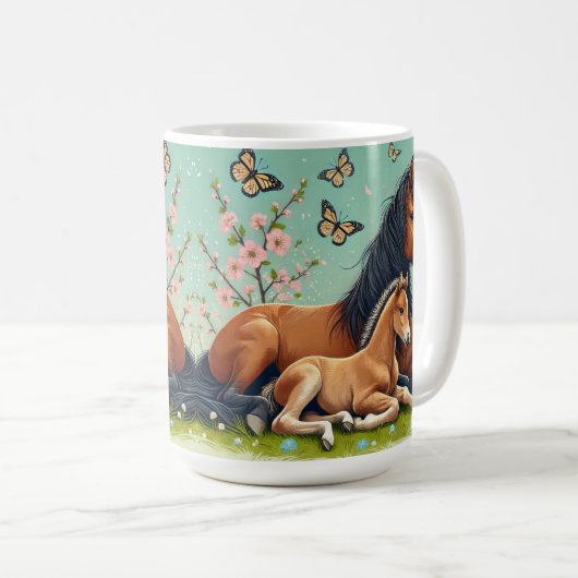 Paard en veulen rusten in een lente setting koffiemok (Voorkant rechts)