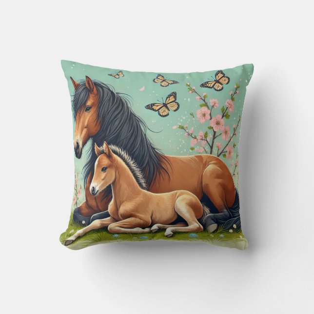 Paard en veulen rusten in een lente setting kussen (Voorkant)