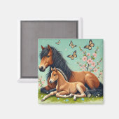 Paard en veulen rusten in een lente setting magneet (Voorkant / Achterkant)