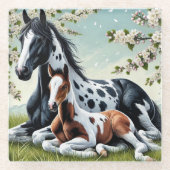 Paard en veulen rusten te midden van bloeiende bom glazen onderzetter (Voorkant)