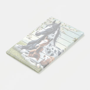 Paard en veulen rusten te midden van bloeiende bom post-it® notes