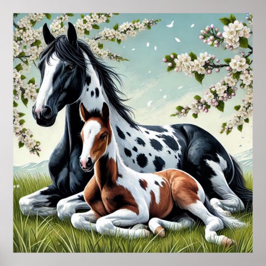 Paard en veulen rusten te midden van bloeiende bom poster (Voorkant)
