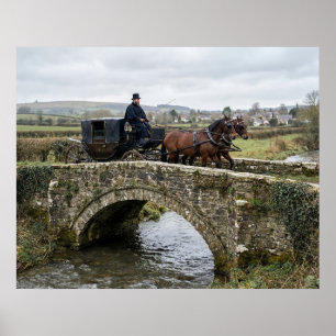 Paard-en-wagen op stenen brug poster