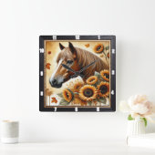 Paard en zonnebloem herfst vierkante klok (Huis)