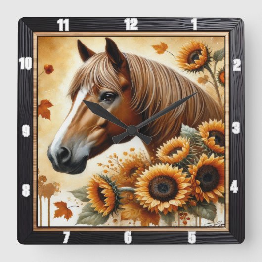 Paard en zonnebloem herfst vierkante klok (Voorkant)