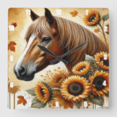 Paard en zonnebloem herfstbladeren vierkante klok (Voorkant)