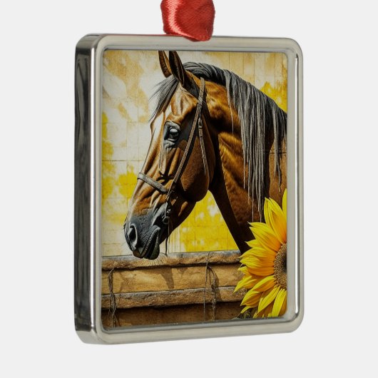 Paard en Zonnebloem Mooie AI Art Metalen Ornament (Rechts)