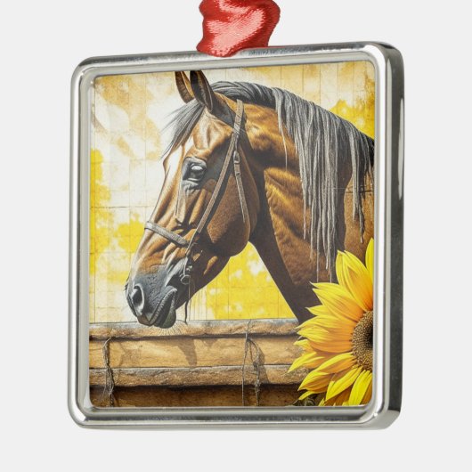 Paard en Zonnebloem Mooie AI Art Metalen Ornament (Links)