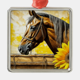 Paard en zonnebloem Mooie AI-kunst Metalen Ornament