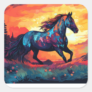 Paard hardlopen op veld Abstracte kunst paardenlie Vierkante Sticker