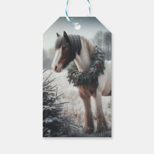 Paard Kerstkrans Sneeuwweide Cadeaulabel (Voorkant)