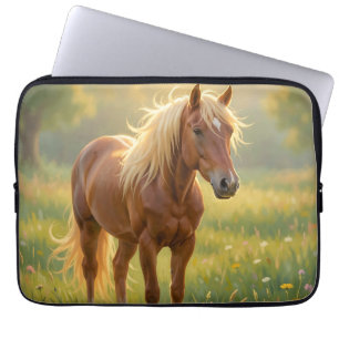 Paard Met Gouden Manen In Bloemenweide Laptop Sleeve