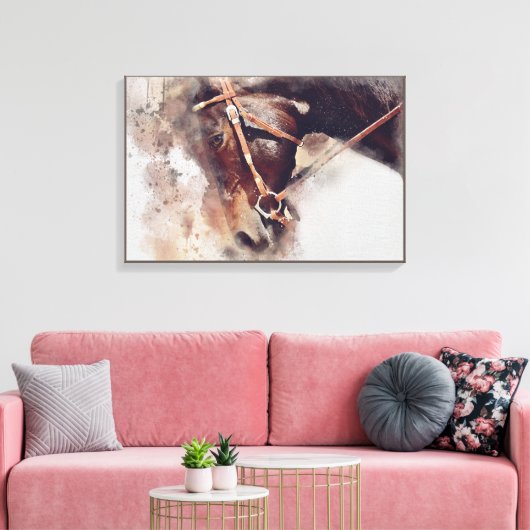 PAARD MET HARNAS. BRUIN PAARD HOOFD ILLUSTRATIE CANVAS AFDRUK (Insitu (Woonkamer))