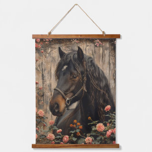 Paard met roze bloemen Decoupage Hangend Wandkleed
