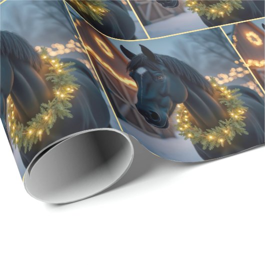 Paard met verlichte kerstkrans cadeaupapier (Rol Hoek)