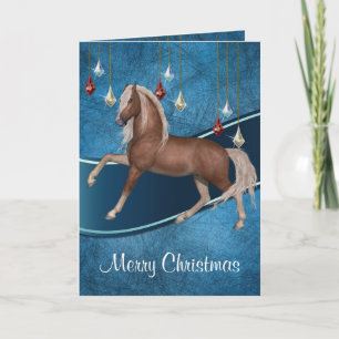 Paard op blauw met lint Vrolijk Kerstfeest Kaart 2