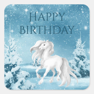 Paard op Snowy Winter Night Happy Birthday Vierkante Sticker