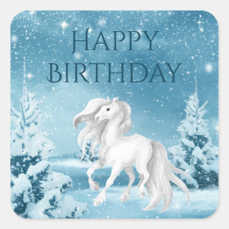 Paard op Snowy Winter Night Happy Birthday Vierkante Sticker