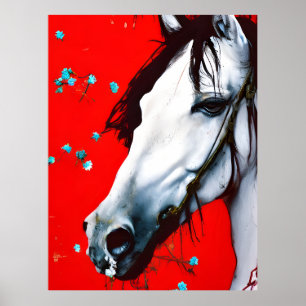 Paard Rood Achtergrond Blauwe Bloemen Poster