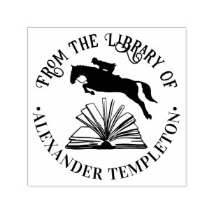 Paard & Ruiter Springen Over Naam Open Boek Biblio Zelfinktende Stempel