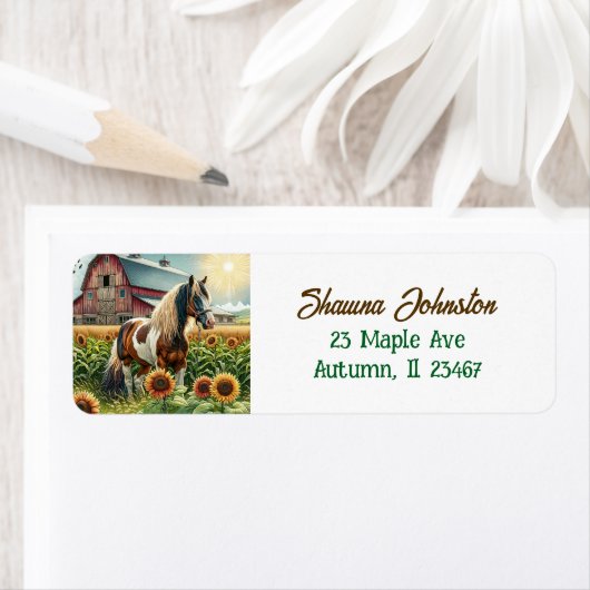 Paard, rustiek Boerderij en zonnebloemen Etiket (Insitu)