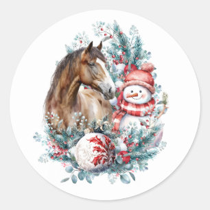 Paard sneeuwman Kerst waterverf elegant Ronde Sticker