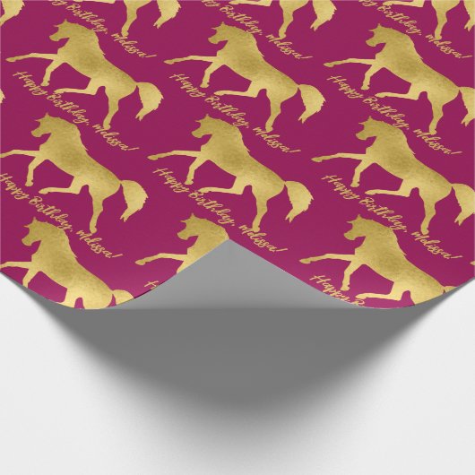 Paard thema goud en roze gepersonaliseerd cadeaupapier (Hoek)