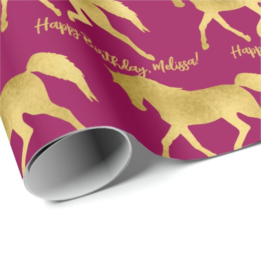 Paard thema goud en roze gepersonaliseerd cadeaupapier (Rol Hoek)