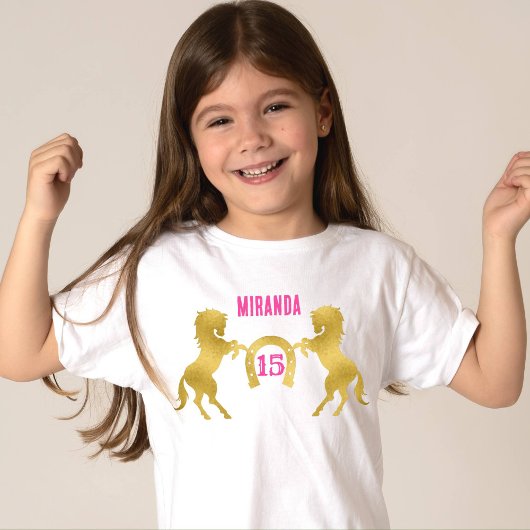 Paard thema verjaardag goud paard ruitersport t-shirt
