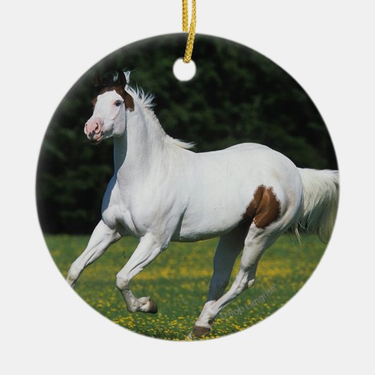 Paard van verf die in grijs veld loopt keramisch ornament (Voorkant)
