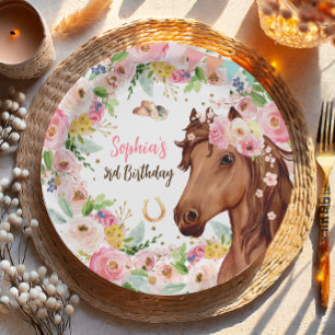 Paard Verjaardag Meisje Cowgirl Roze Bloemen Party Papieren Bordje