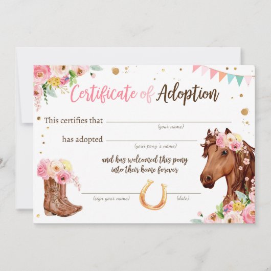 Paard Verjaardag Pony Adoptie Certificaat Partij Kaart (Voorkant)