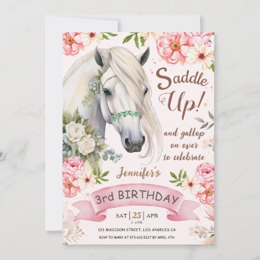 Paard Verjaardagsfeest Meisjes Roze 3e Verjaardag Kaart (Voorkant)