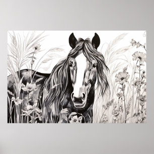 Paard Vreedzame Natuur Prairie Schets Tekenstijl Poster