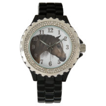 Paard Vrouwen Strass Zwart Emaille Horloge