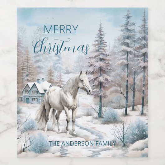 Paard winterscène sneeuwbos Kerstmis Wijn Etiket (Enkel label)