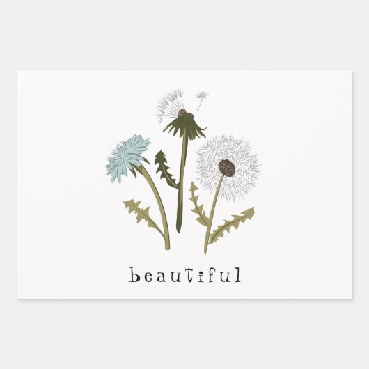 Paardebloem Blauw Grijs Bloemen Patroon Inpakpapier Vel (Voorkant 2)